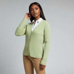 Vintage 90s Ann Taylor 100% Silk Cable Knit V-Neck Cardigan Sweater Light Green